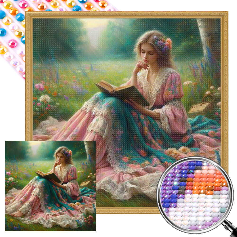 AB Diamond Painting - Full Round - Girl reading in the forest (40*40CM)