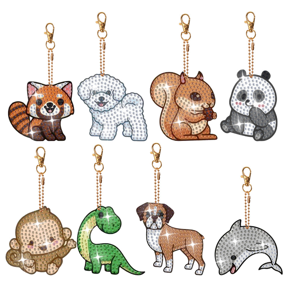 8Pcs Double Sided Animal Alien Diamond Art Keyring for Home Birthday Party Decor