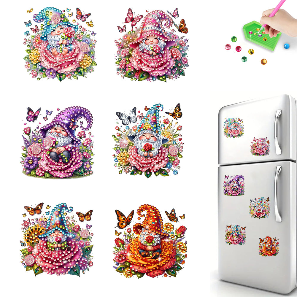 6Pcs Acrylic Special Shape Gnome And Flower Diamond Painting Fridge Magnet