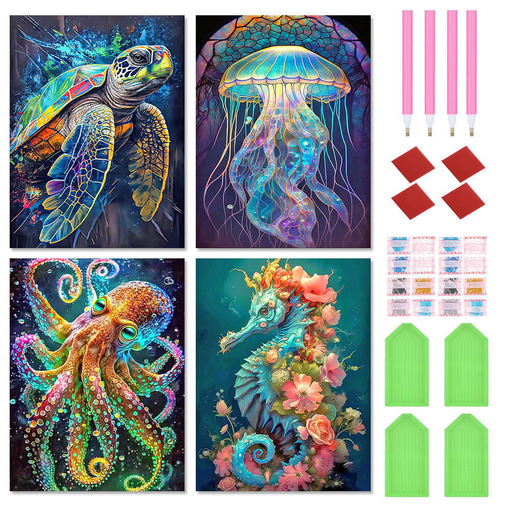 4pcs Round Diamond Painting Set - Marine animals (30*40CM)