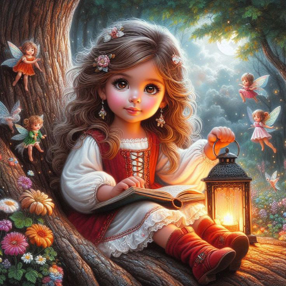 Diamond Painting - Full Round - Little girl reading with a lamp (40*40CM)