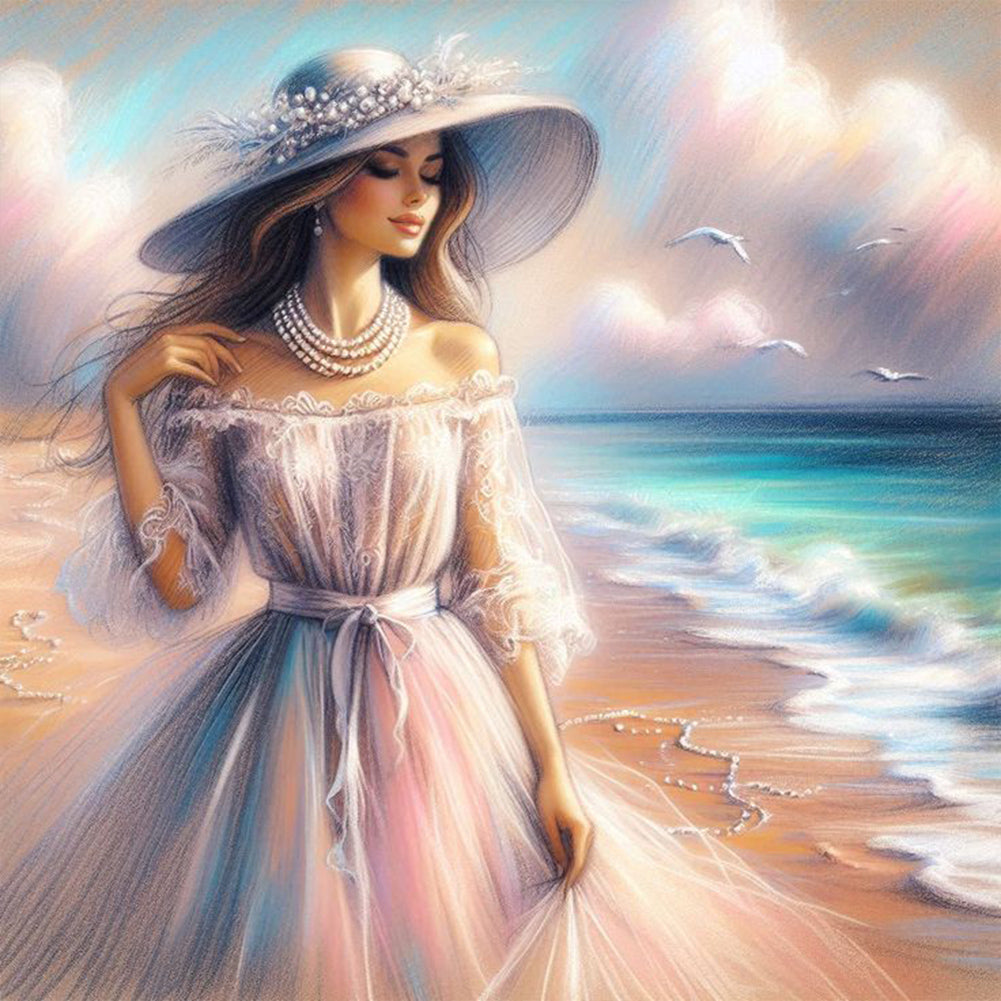 Diamond Painting - Full Round - Elegant woman at the seaside (30*30CM)