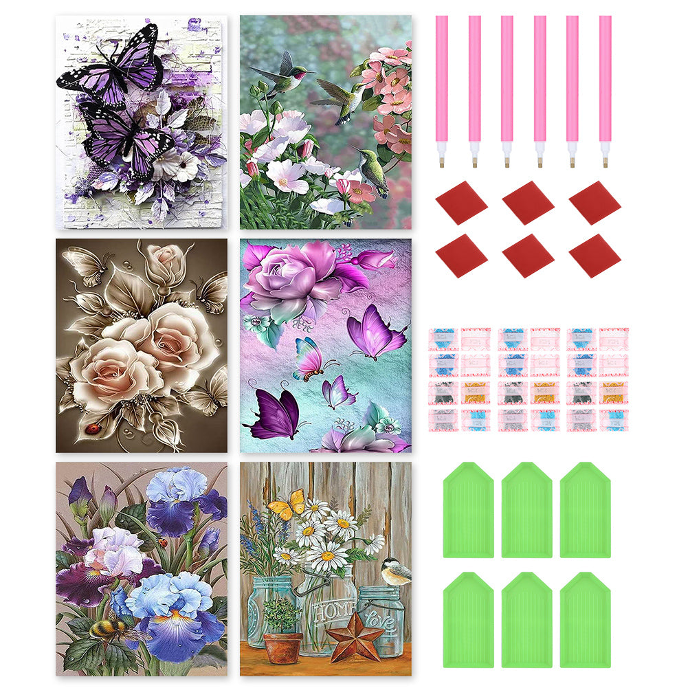 6pcs Round Diamond Painting Set - Flower butterfly (30*40CM)