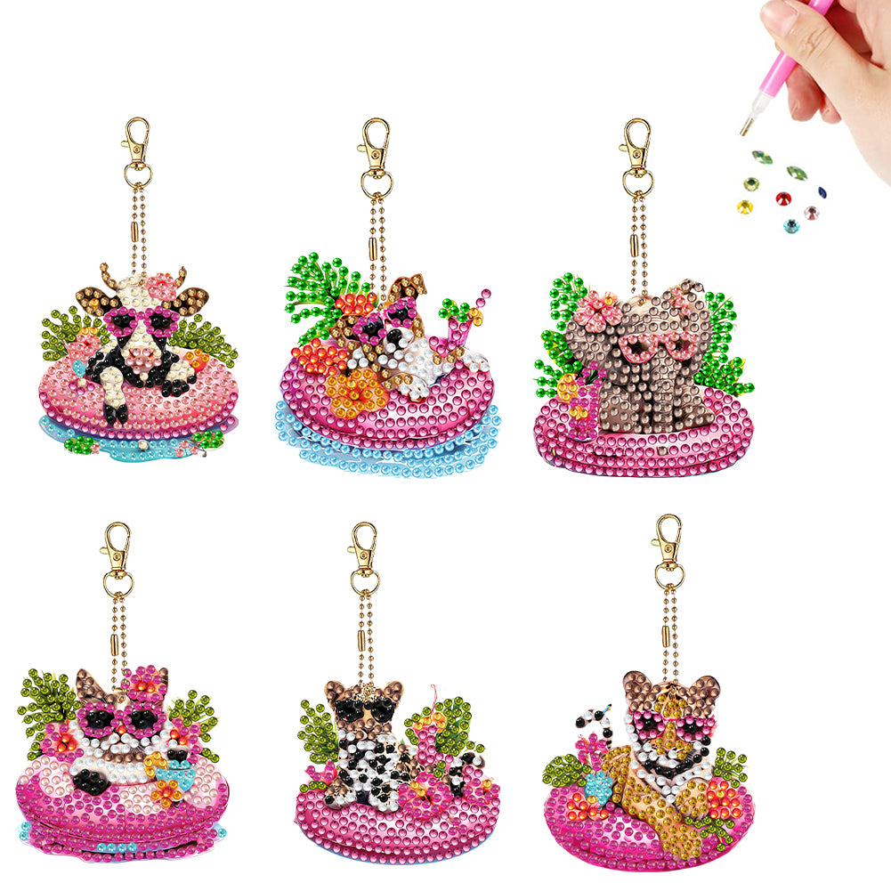 6Pcs Acrylic Double Side Summer Dogs Diamond Art Craft Keychain DIY Crafts Decor