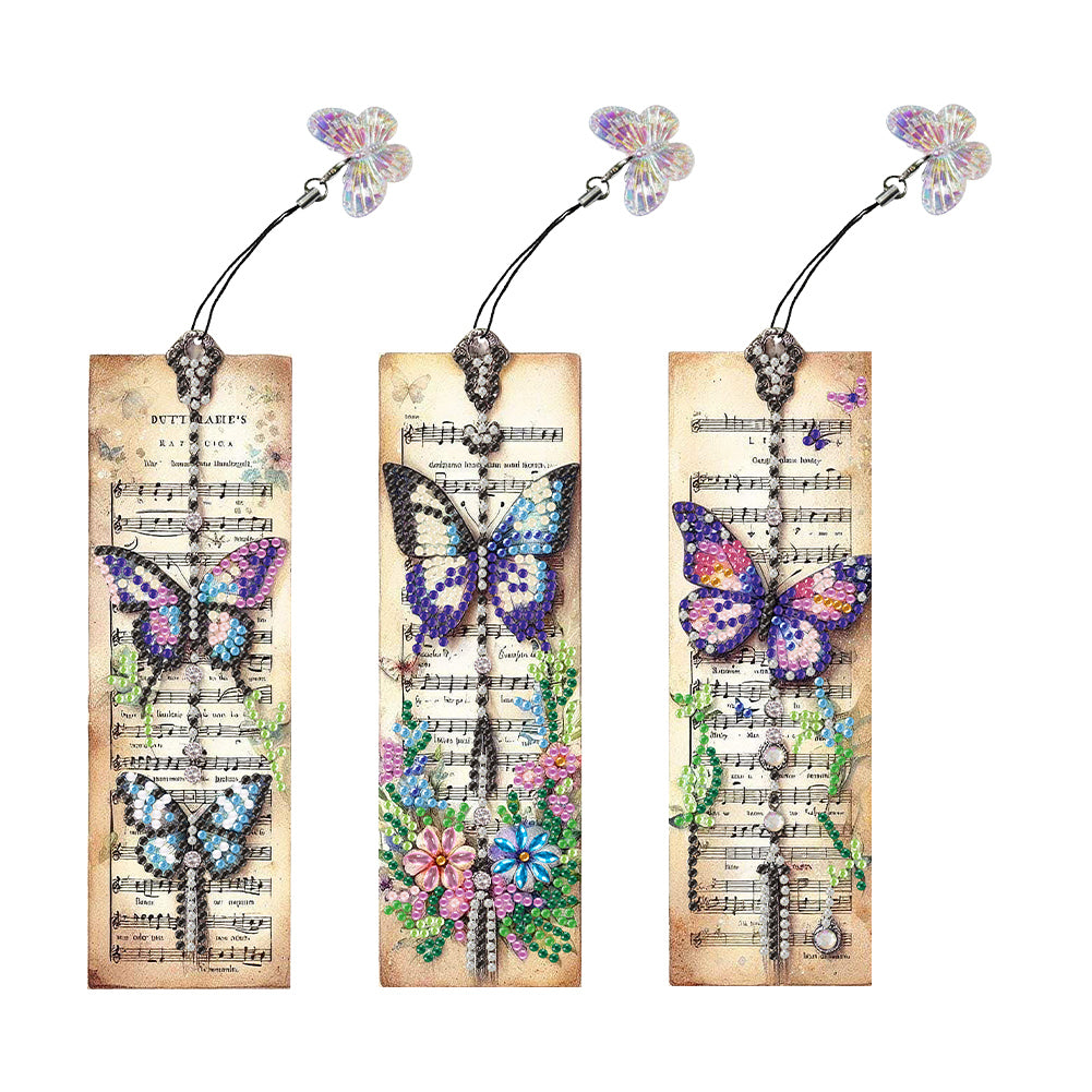 3Pcs Butterfly Sheet Music Special Shape 5D DIY Diamond Painting Bookmark
