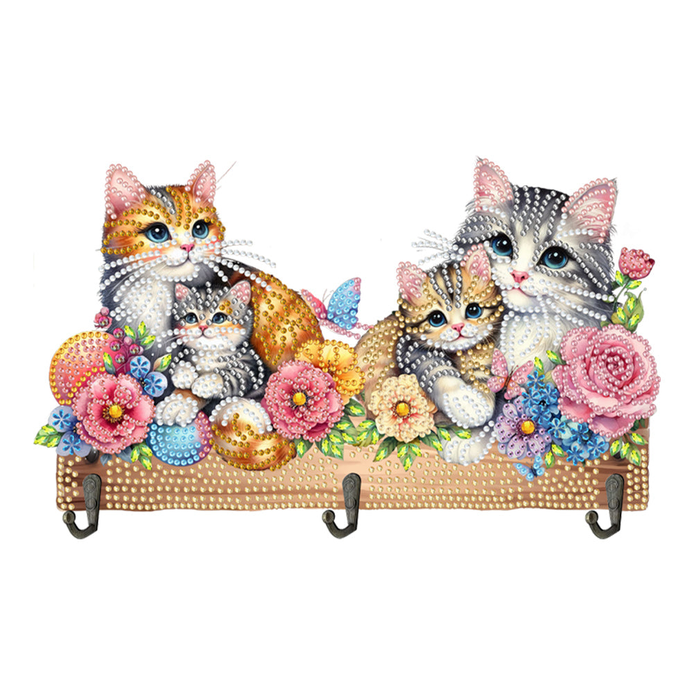 Wooden Special Shaped Warm Cat Family Diamond Art Craft Wall Hooks Home Decor