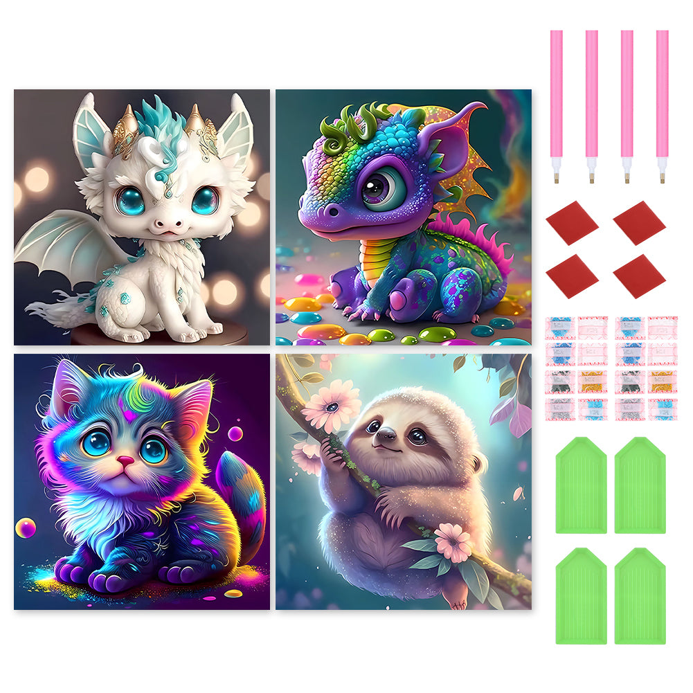 4pcs Round Diamond Painting Set - Cartoon animals (30*30CM)
