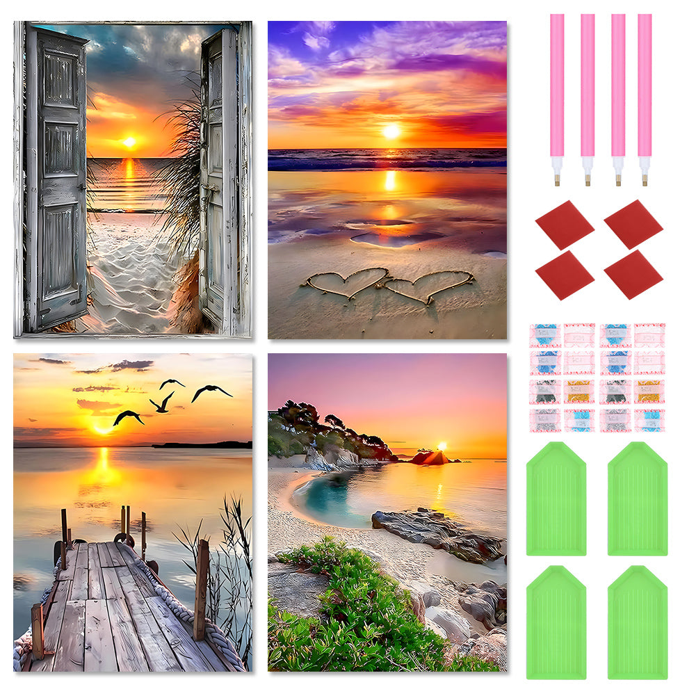 4pcs Round Diamond Painting Set - Beach Scenery (30*40CM)