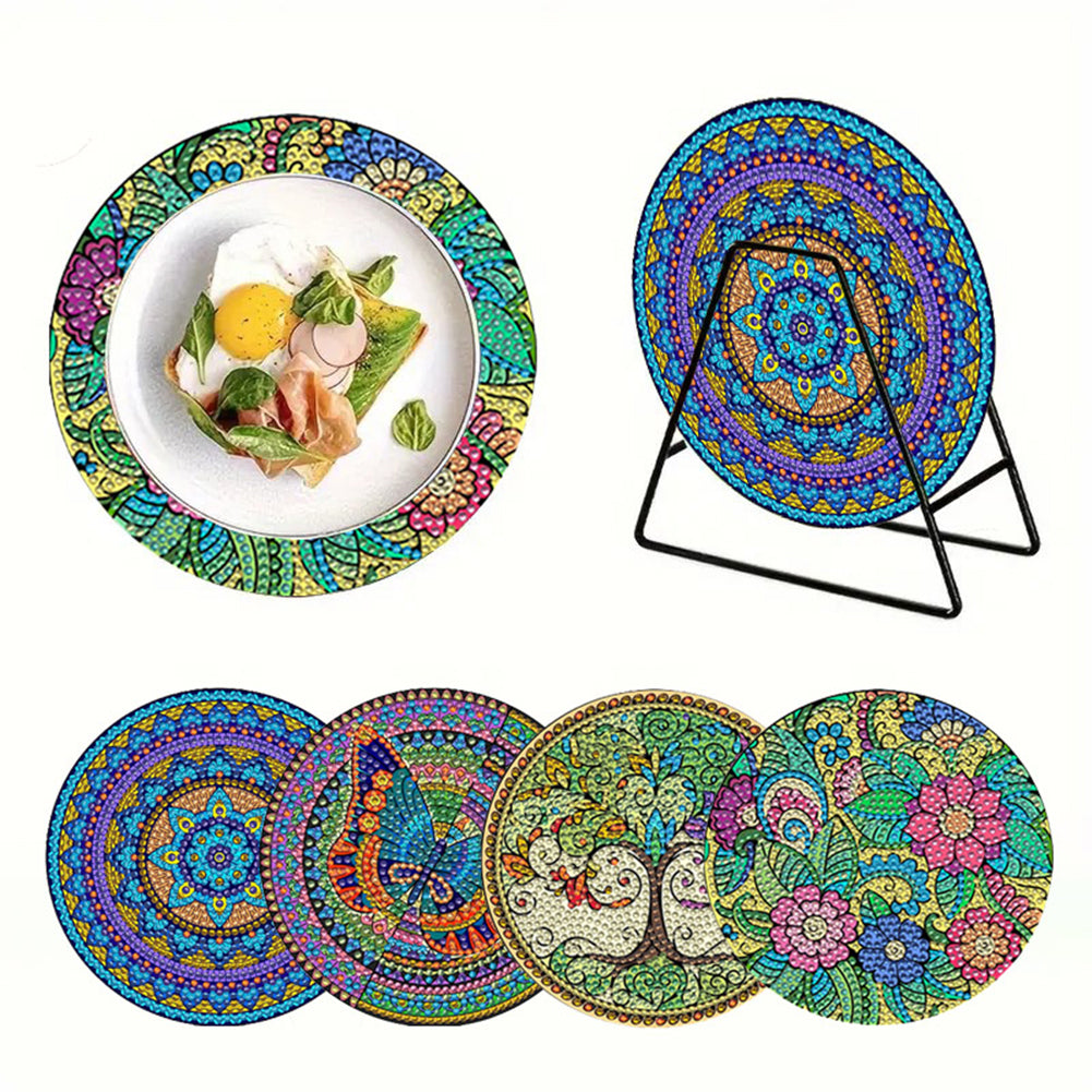4Pcs Wooden Mandala Flower Plant DIY Diamond Painting Placemats with Holder