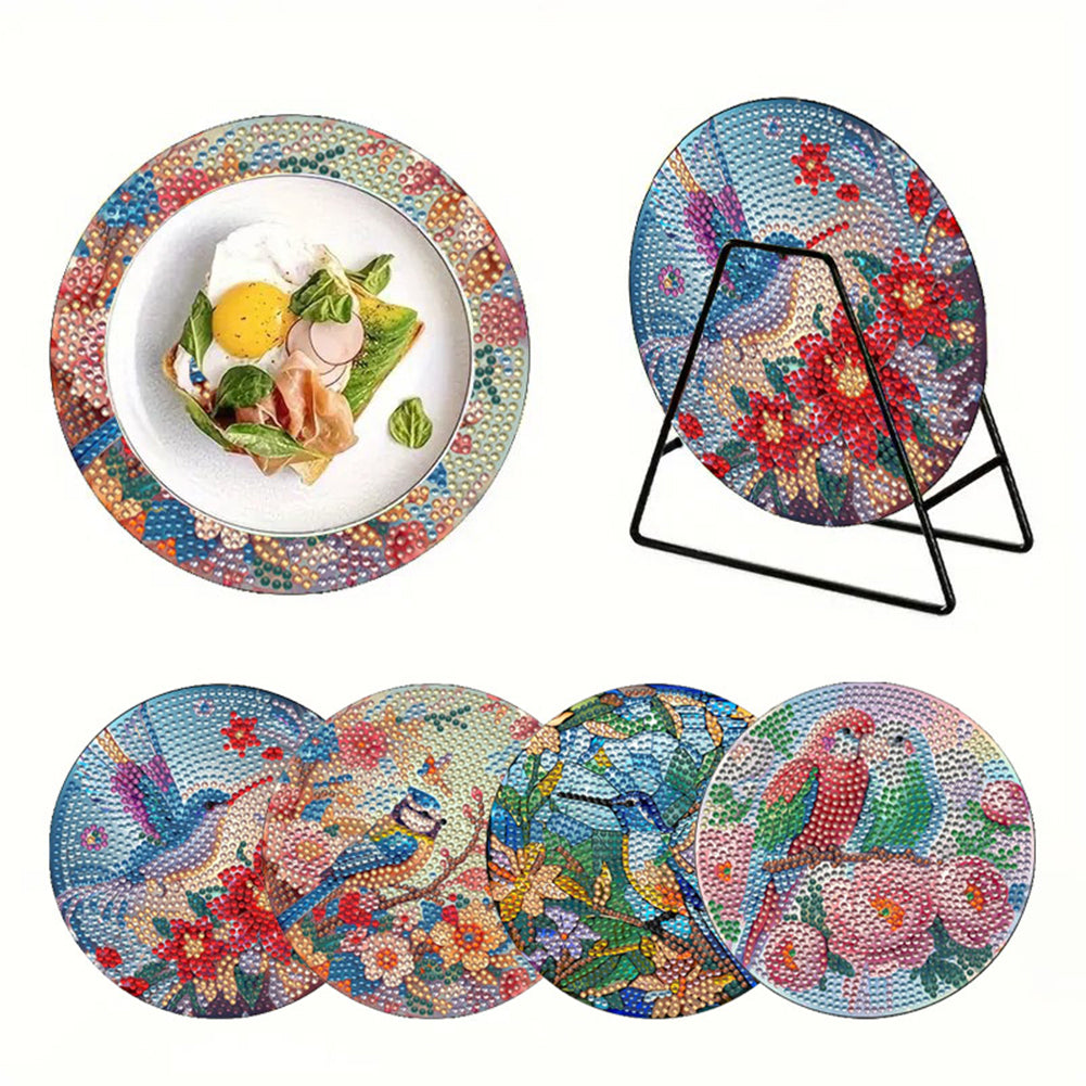 4Pcs Wooden Birds DIY Diamond Painting Placemats with Holder for Home Decor
