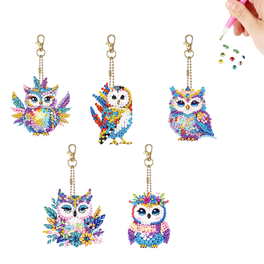 5Pcs Acrylic Double Sided Owl Diamond Painting Keychain for Beginners Adults