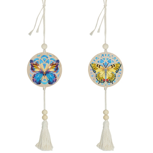 2Pcs Wooden Double Sided Butterfly Diamond Art Hanging Tassel Pendant Decoration