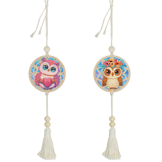 2Pcs Wooden Double Sided Owl Diamond Art Hanging Tassel Pendant for Beginner