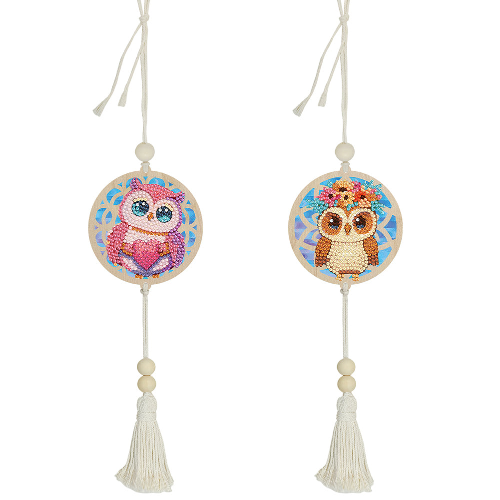2Pcs Wooden Double Sided Owl Diamond Art Hanging Tassel Pendant for Beginner