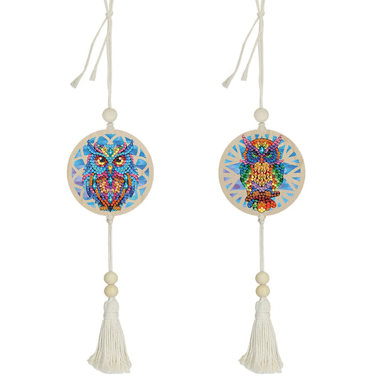 2Pcs Wooden Double Sided Owl Diamond Art Hanging Tassel Pendant for Beginner