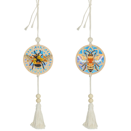 2Pcs Wooden Double Sided Bee Diamond Art Hanging Tassel Pendant for Beginner