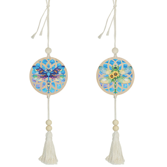 2Pcs Wooden Double Sided Dragonfly Diamond Art Hanging Tassel Pendant Decoration