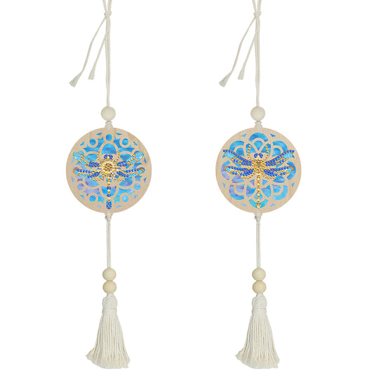 2Pcs Wooden Double Sided Dragonfly Diamond Art Hanging Tassel Pendant Decoration