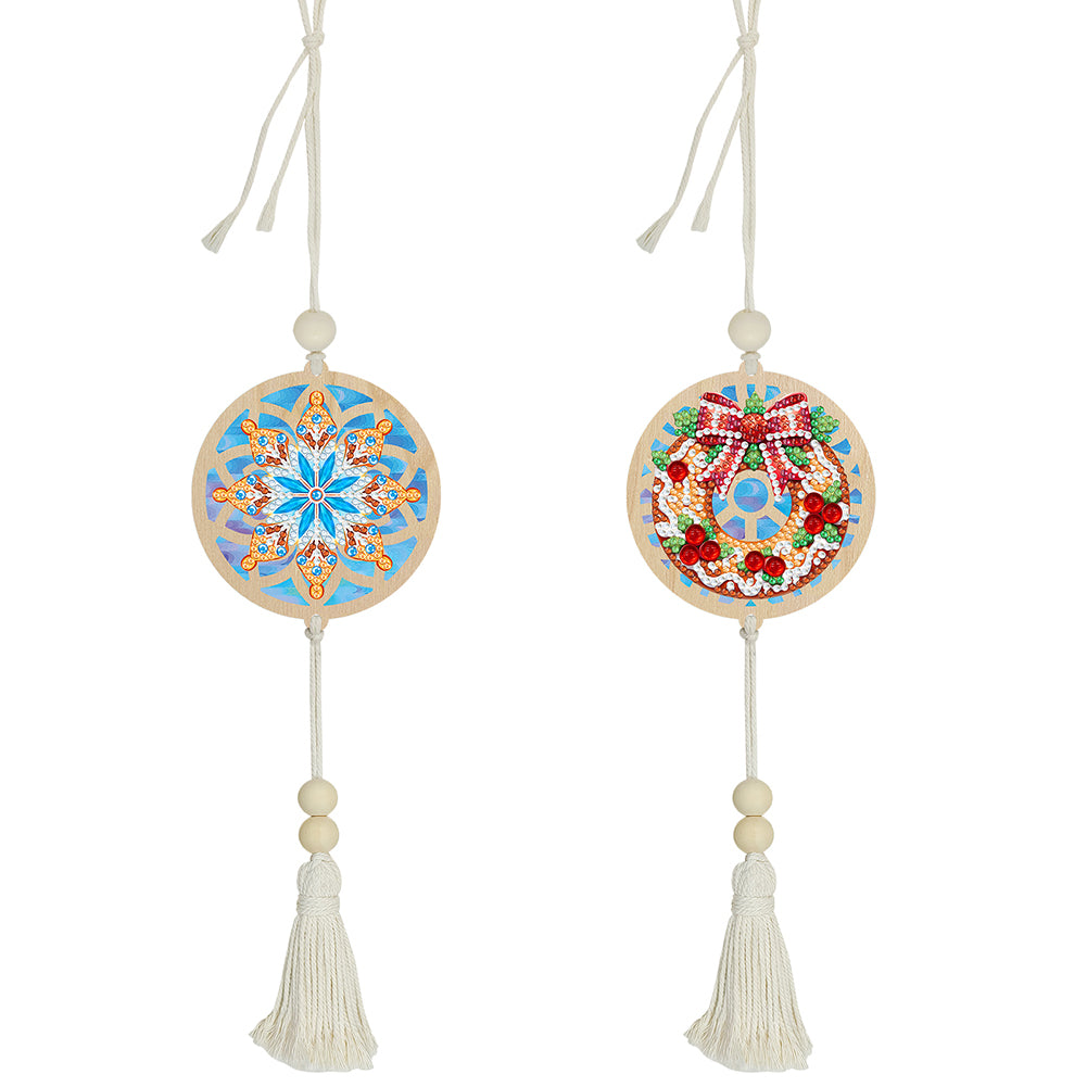 2Pcs Wooden Double Sided Snowflake Wreath Diamond Art Hanging Tassel Pendant