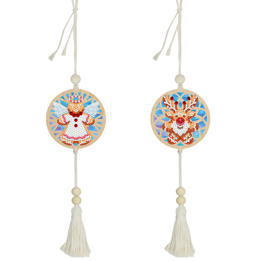 2Pcs Wooden Double Sided Elk Gingerbread Man Diamond Art Hanging Tassel Pendant