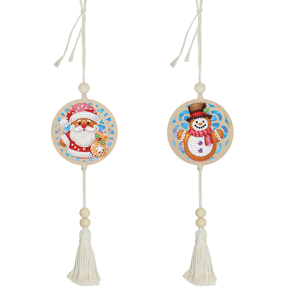 2Pcs Wooden Double Sided Santa Claus Snowman Diamond Art Hanging Tassel Pendant