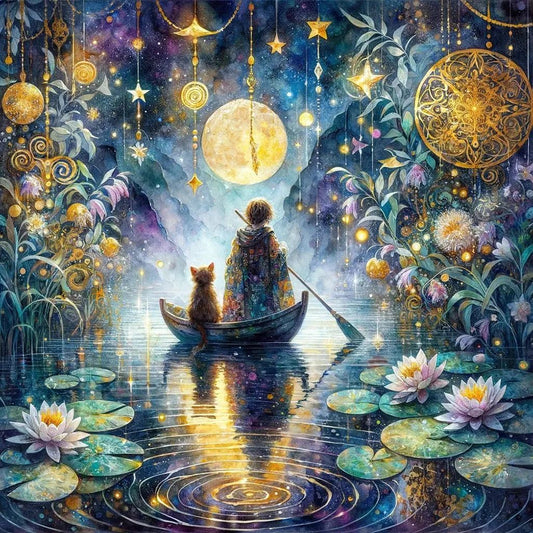 Diamond Painting - Full Round - Fantasy Lotus Pond Child and Dog (40*40CM)