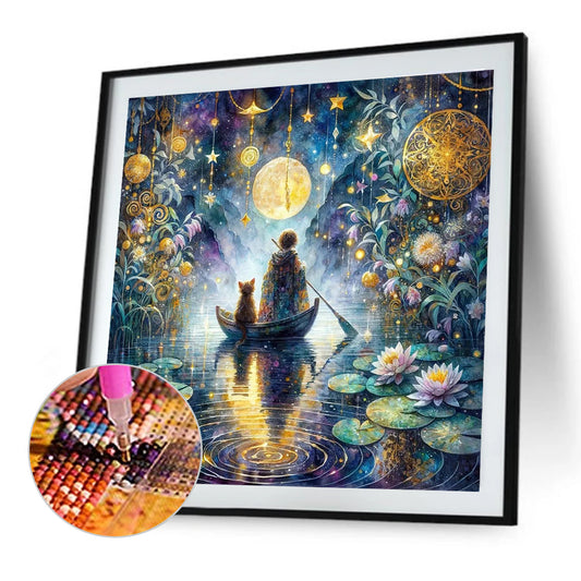 Diamond Painting - Full Round - Fantasy Lotus Pond Child and Dog (40*40CM)