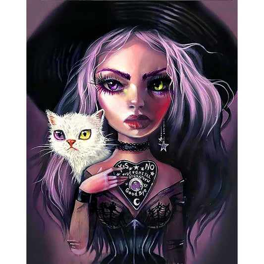 Diamond Painting - Full Round - Big Eyes Horror Girl and Cat (40*50CM)