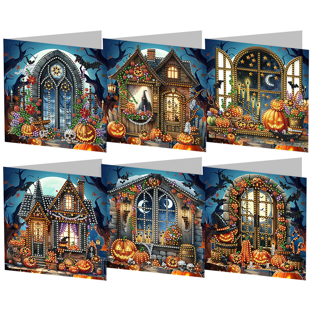 6Pcs Special Shape Halloween House Diamond Painting Greeting Card Kit for Friend