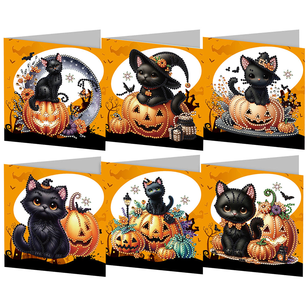 6Pcs Special Shape Halloween Pumpkin Cat Diamond Painting Greeting Card Kit