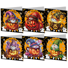 Load image into Gallery viewer, 6Pcs Special Shape Halloween Pumpkin Gnome Diamond Painting Greeting Card Kit
