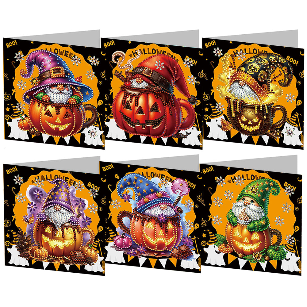6Pcs Special Shape Halloween Pumpkin Gnome Diamond Painting Greeting Card Kit