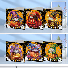 Load image into Gallery viewer, 6Pcs Special Shape Halloween Pumpkin Gnome Diamond Painting Greeting Card Kit
