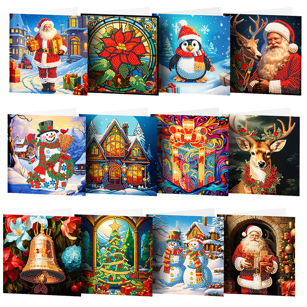 12Pcs Christmas Santa Claus Special Shape Diamond Panting Greeting Card