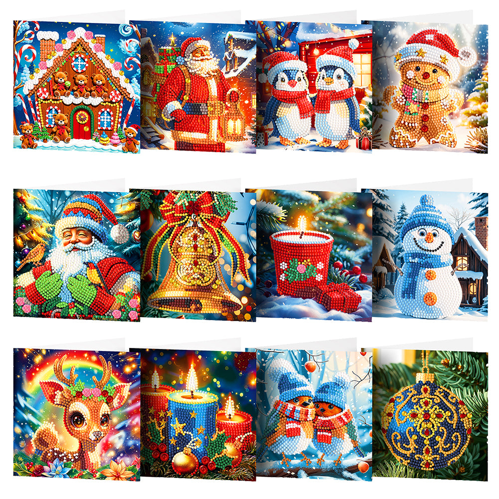 12Pcs Christmas Santa Claus Special Shape Diamond Panting Greeting Card