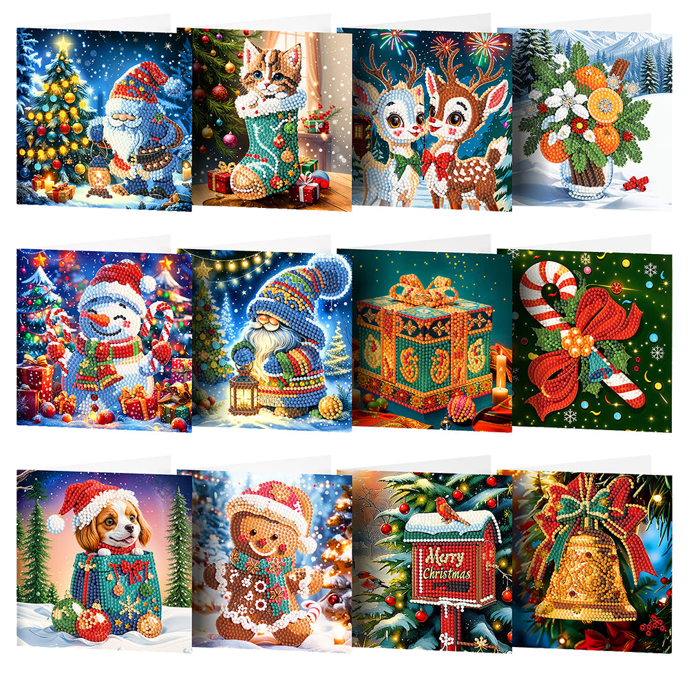 12Pcs Christmas Santa Claus Special Shape Diamond Panting Greeting Card