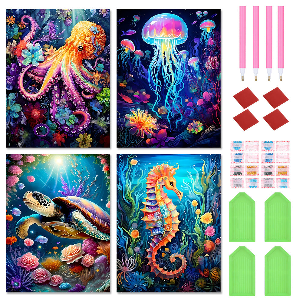 4pcs Round Diamond Painting Set - Ocean animals (30*40CM)