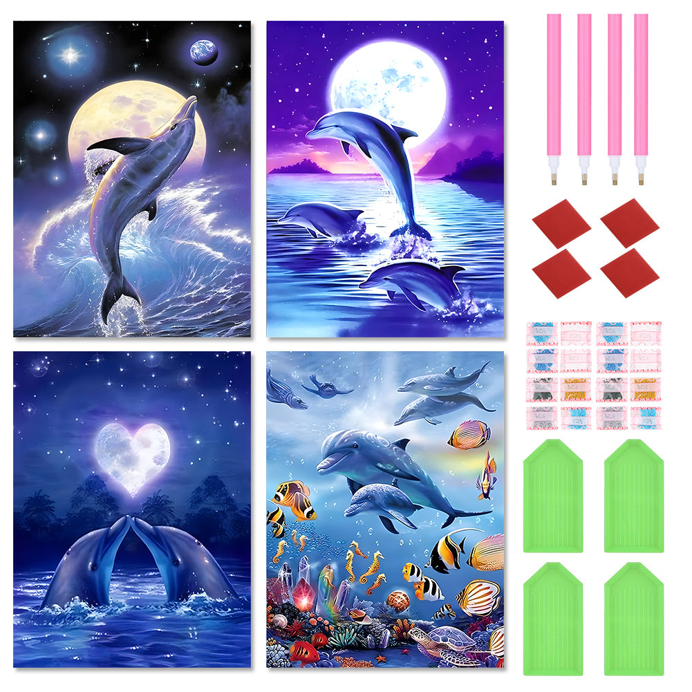 4pcs Round Diamond Painting Set - Dolphin in the moonlight (30*40CM)