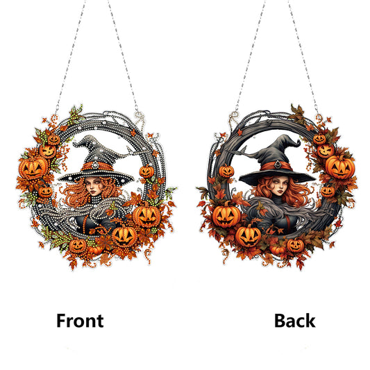 Halloween Pumpkin 5D DIY Diamond Painting Wreath Pendant for Garden Window Decor