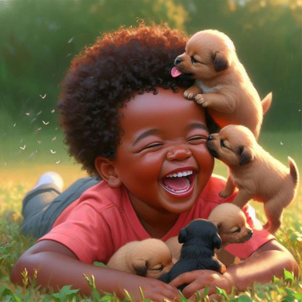 Diamond Painting - Full Round - Boy and many puppies (30*30CM)