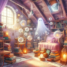 Load image into Gallery viewer, AB Diamond Painting - Full Round - Halloween attic ghost at sunset (40*40CM)
