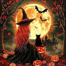 Load image into Gallery viewer, Diamond Painting - Full Round - Halloween black cat witch (30*30CM)
