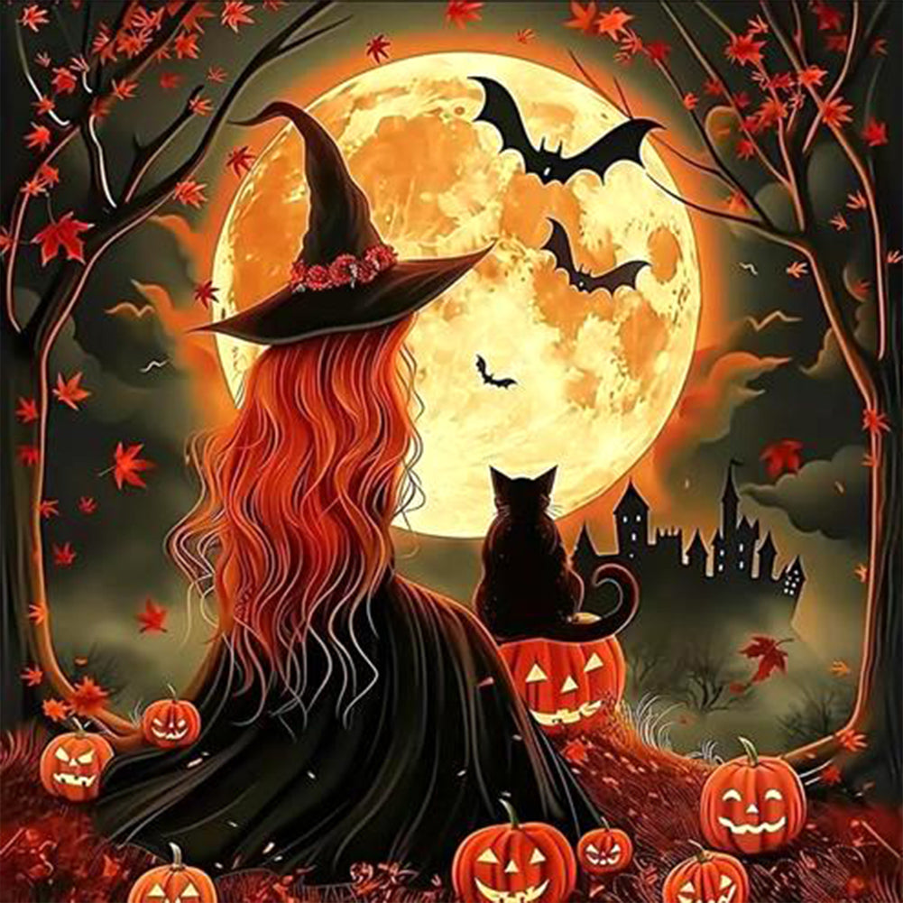 Diamond Painting - Full Round - Halloween black cat witch (30*30CM)