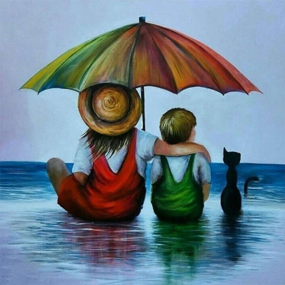 Diamond Painting - Full Round - Back view of parents and children at the beach (30*30CM)