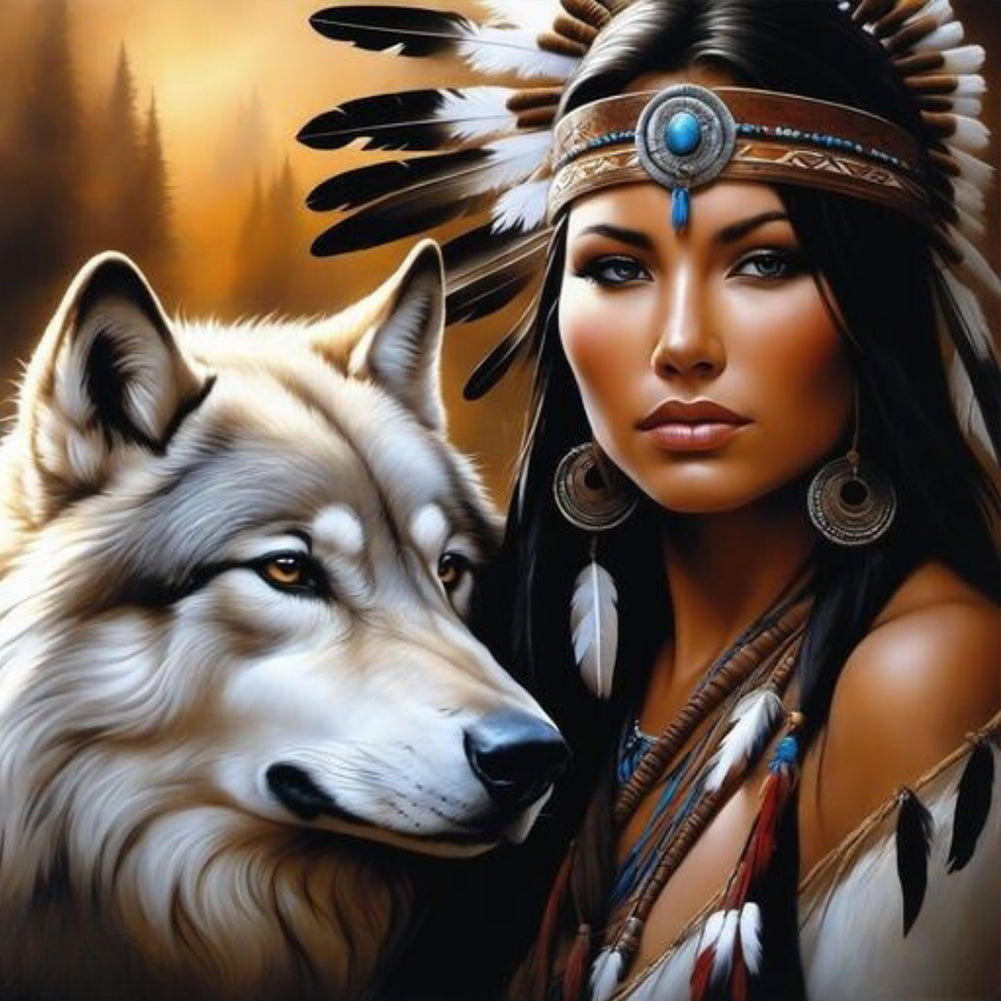 Diamond Painting - Full Round - Wolf and Indian girl (40*40CM)