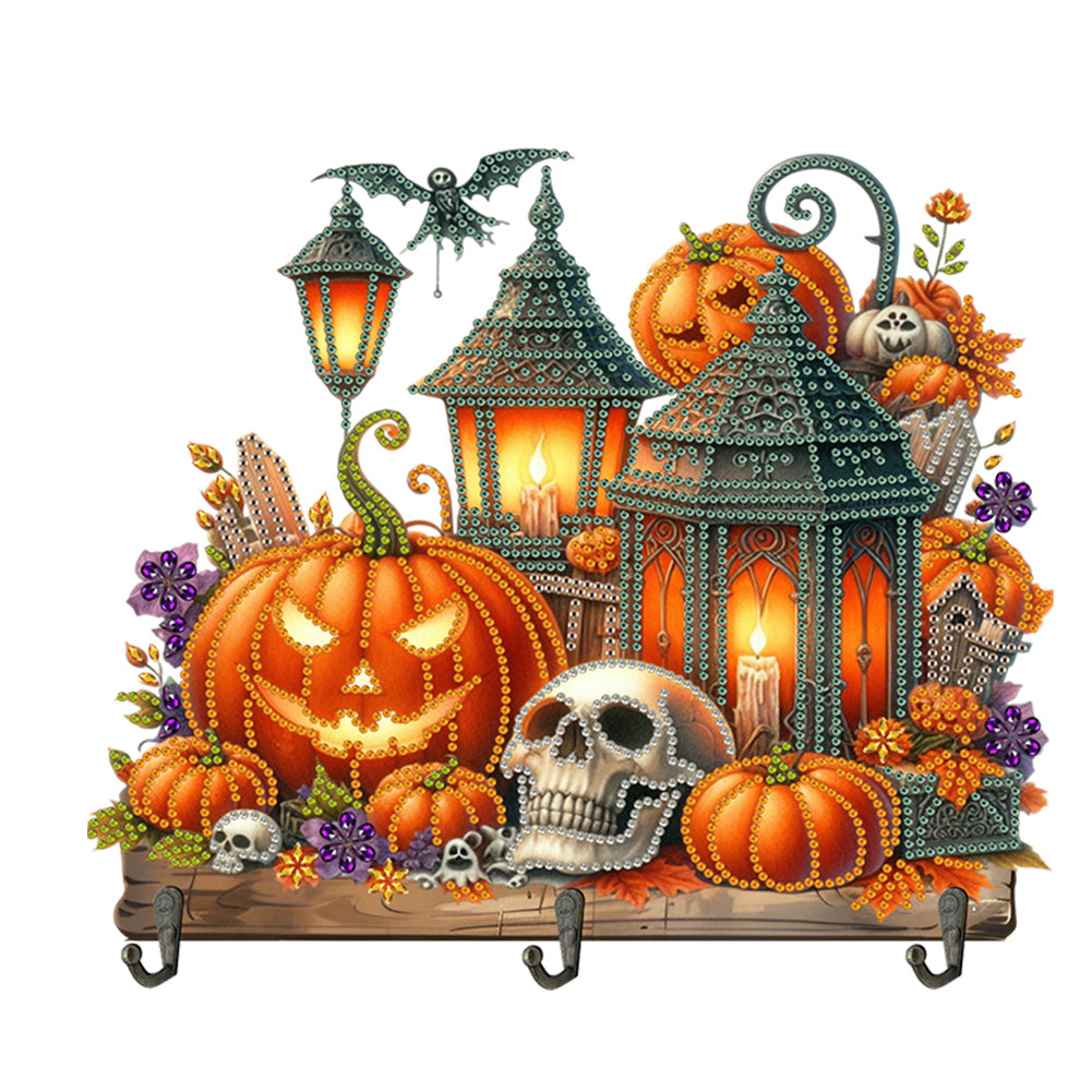 Wooden Special Shape Pumpkins And Lantern 3 Hooks Diamond Painting Hook Rail