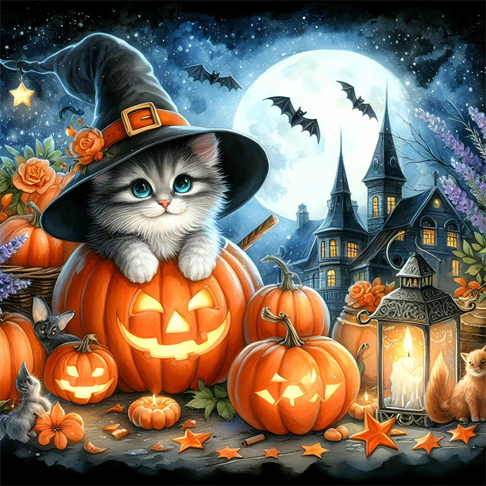 Diamond Painting - Full Round - Halloween cat and pumpkin (30*30CM)
