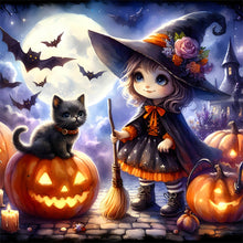 Load image into Gallery viewer, Diamond Painting - Full Round - Halloween cat and girl (30*30CM)
