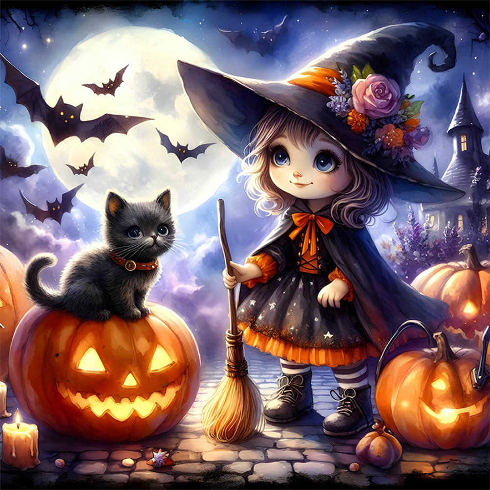 Diamond Painting - Full Round - Halloween cat and girl (30*30CM)