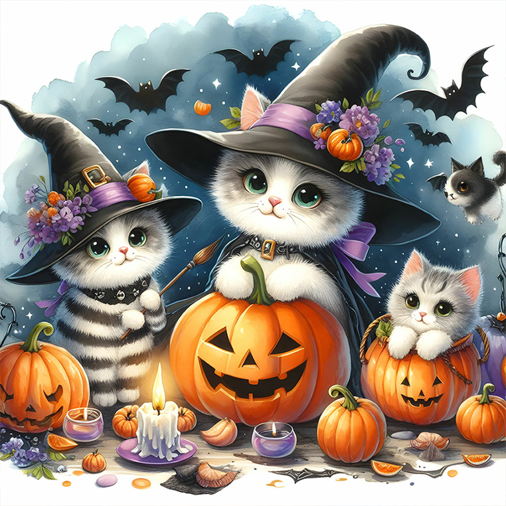 Diamond Painting - Full Round - Halloween cat and pumpkin (30*30CM)